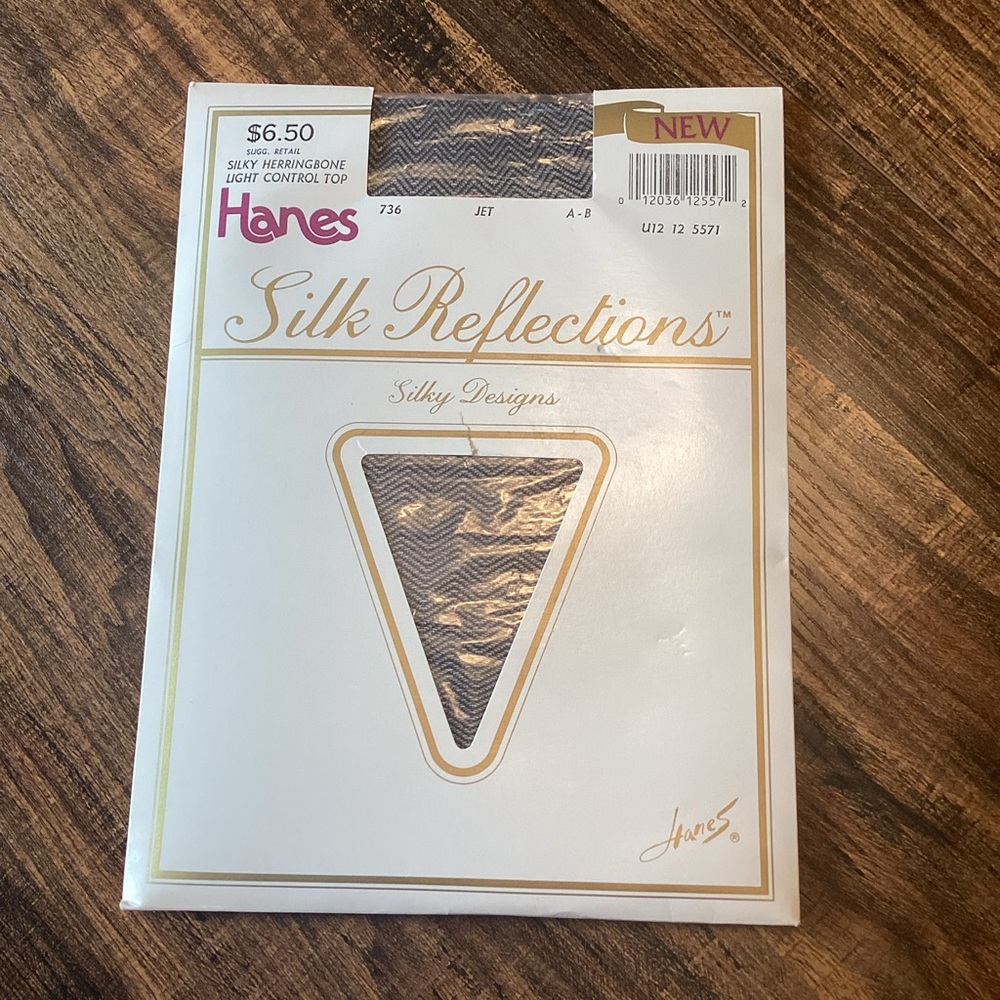 Vintage NEW Hanes Silk Reflections Silky Black Herringbone Control Top Pantyhose